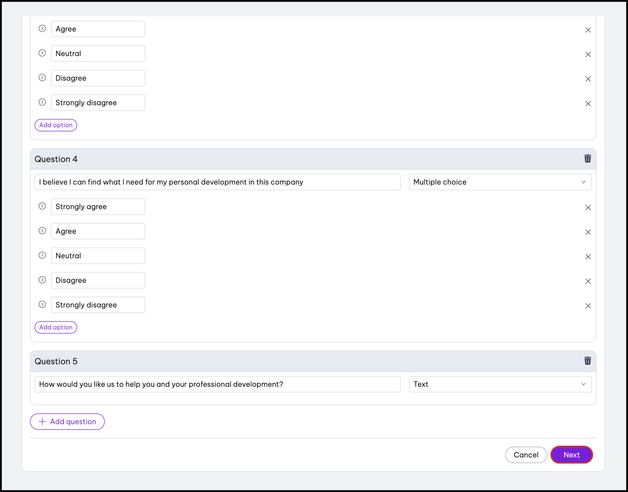 A screenshot of the Employment Hero app showing someone building a custom survey, with custom questions and answers