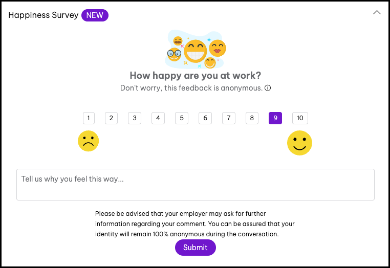 Screenshot of Employment Hero app showing a survey with a ranking of 1-10 for employee happiness and a box for feedback