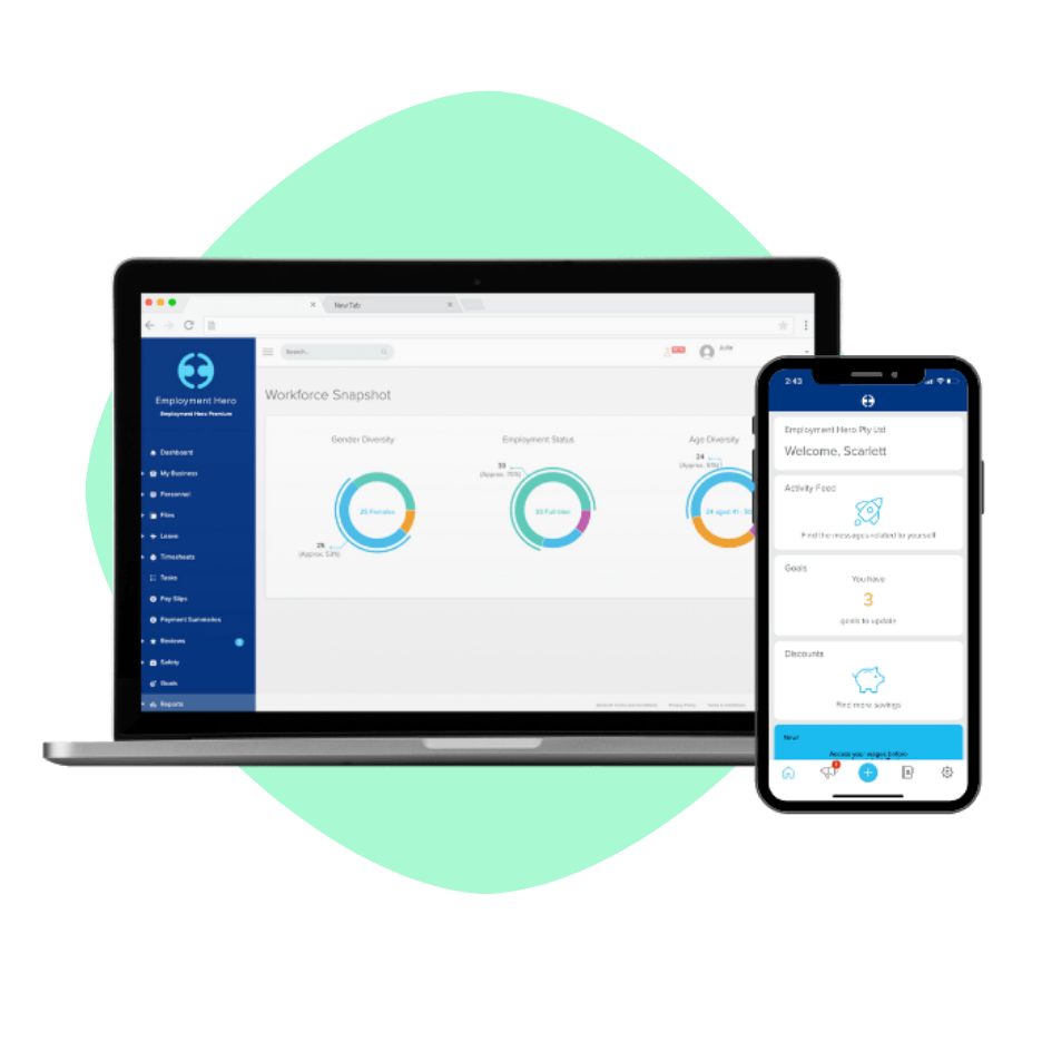 Laptop and smartphone displaying EH platform. The laptop shows a workforce snapshot with data visualisations, while the smartphone displays individual employee details and updates.