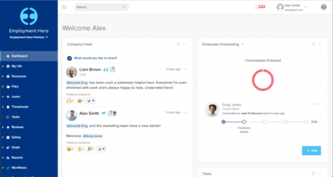 Snapshot of Employment Hero's software