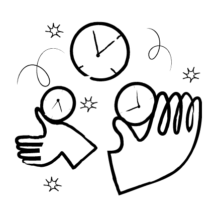An illustration of hands juggling clocks
