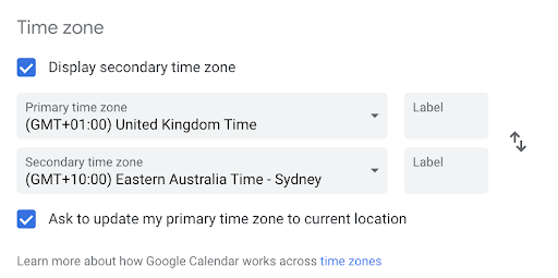 Google Calendar time zone settings showing United Kingdom Time as primary and Eastern Australia Time as secondary, with update and display options checked.