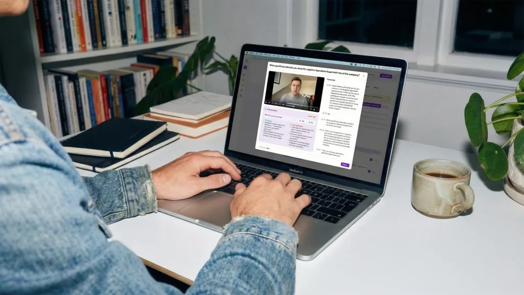 A hiring manager using a laptop to review a candidate's video interview and transcript, illustrating what an Applicant Tracking System (ATS) looks like in action.