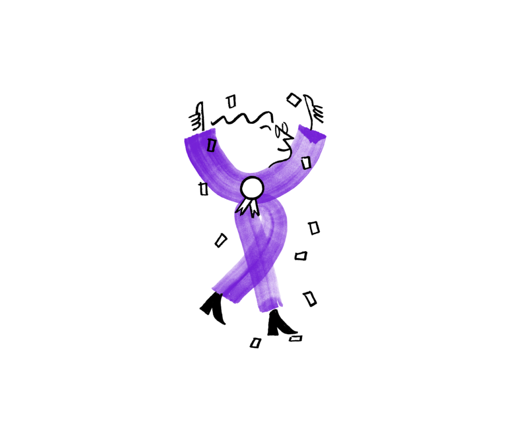 An illustration of Quinn wearing an award ribbon and showered by confetti