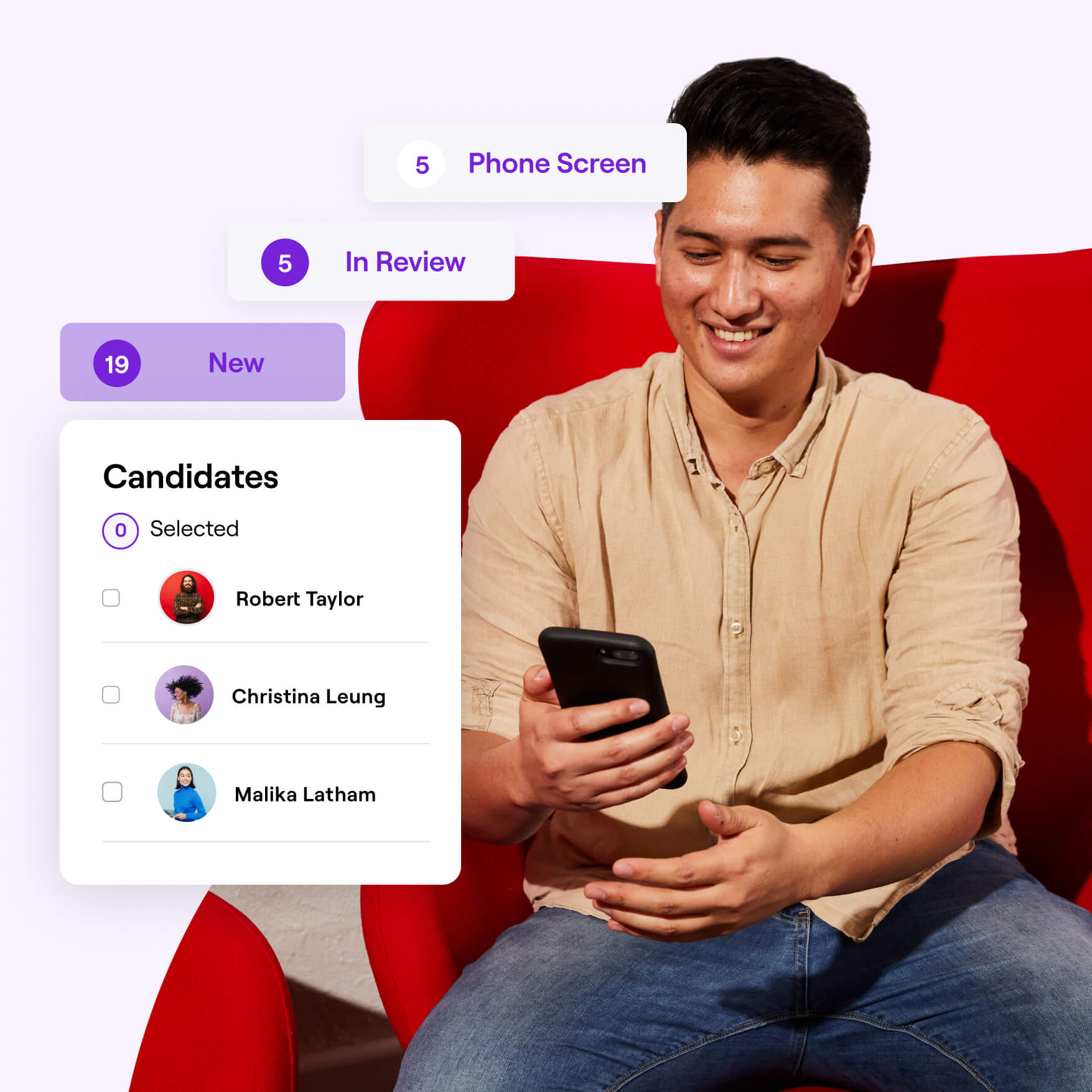 A man reviewing job candidates on a mobile hiring platform, sitting on a red chair.