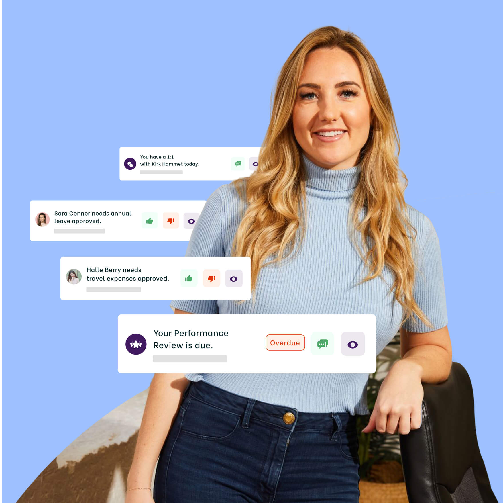 Smiling woman in a blue top with floating HR notifications for approvals and performance reviews.