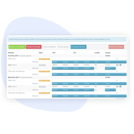A dashboard with employee timesheets compared against scheduled rosters, featuring approval and rejection buttons for managers.