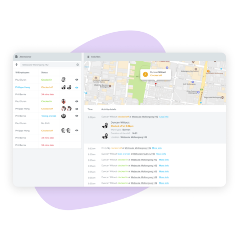 A map-based dashboard tracking employee check-ins, breaks, and attendance status in real time.