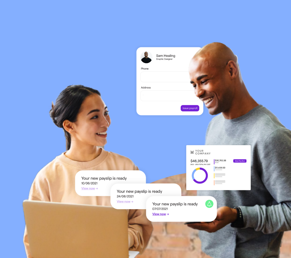 Two people smiling while using payroll software on a laptop, with floating notifications of payslips and payroll data.
