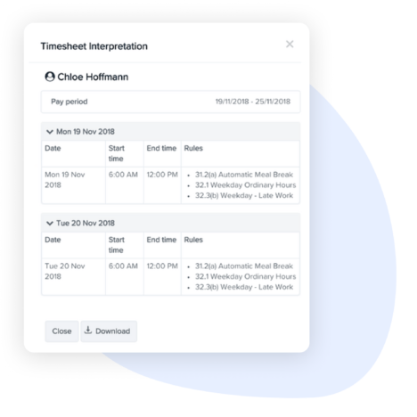 A detailed breakdown of an employee’s timesheet calculations, including work hours, pay rules, and automatic deductions.