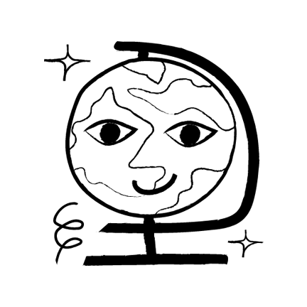An illustration of a smiling globe, surrounded by sparkles