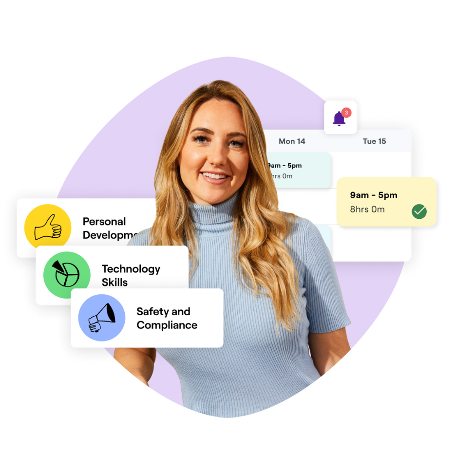 A collage of a smiling woman surrounded by floating widgets of a shift schedule, and of personal development, technology skills, and safety and compliance