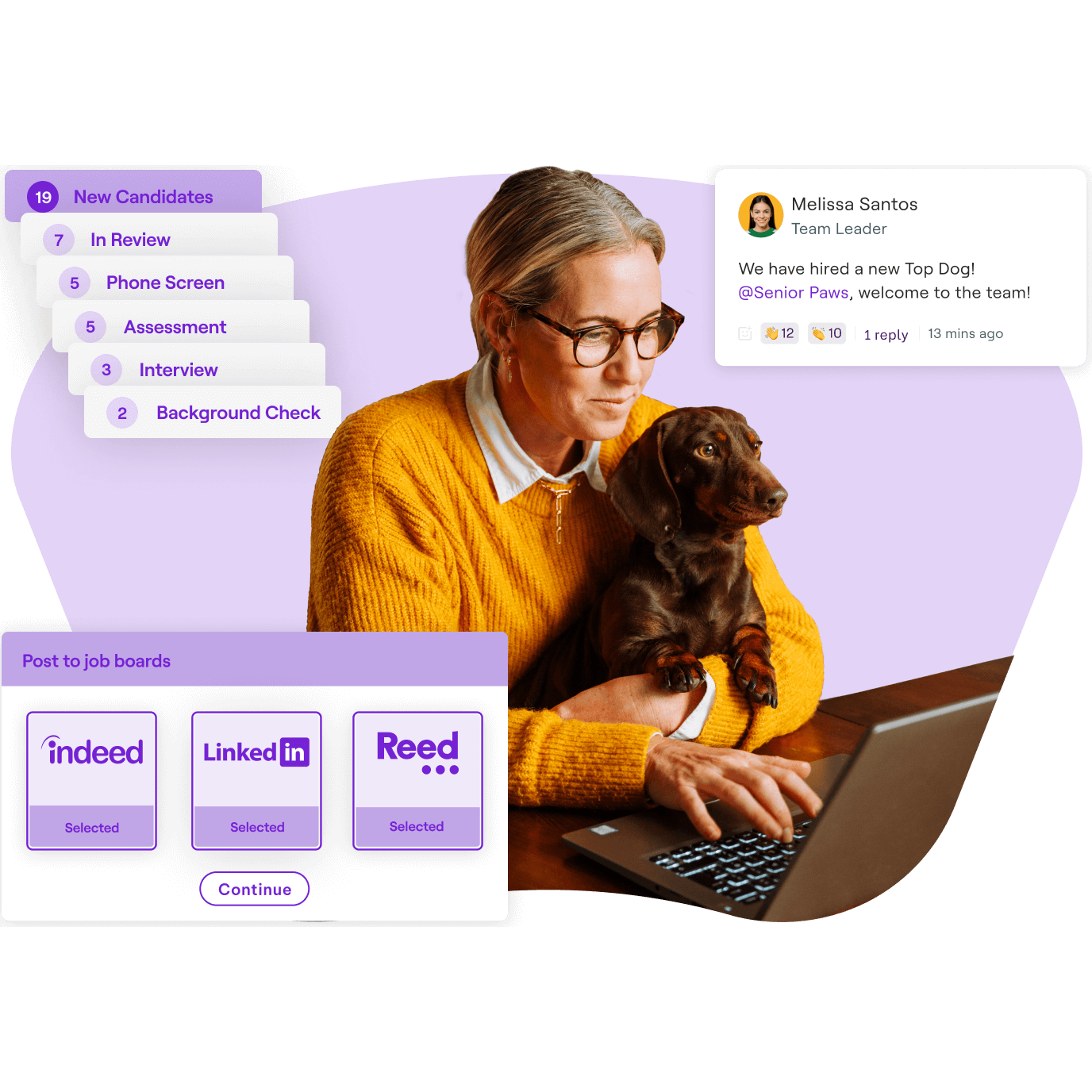 A collage of a woman holding her pet dog as she types on her laptop. There are surrounding widgets about Job boards and shout outs