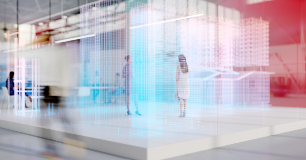 futuristic image of an office and VR meeting