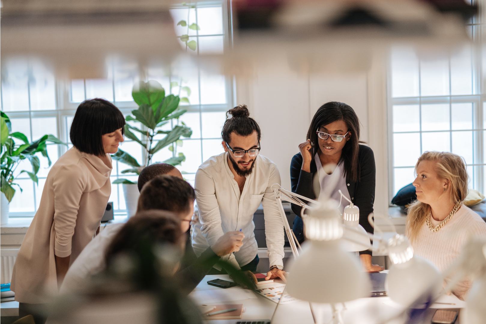 An diverse team in an office