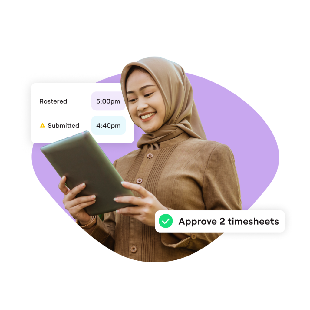 An image of a woman in hijab smiling at her tablet, surrounded by widgets of timesheet approval and rostered time