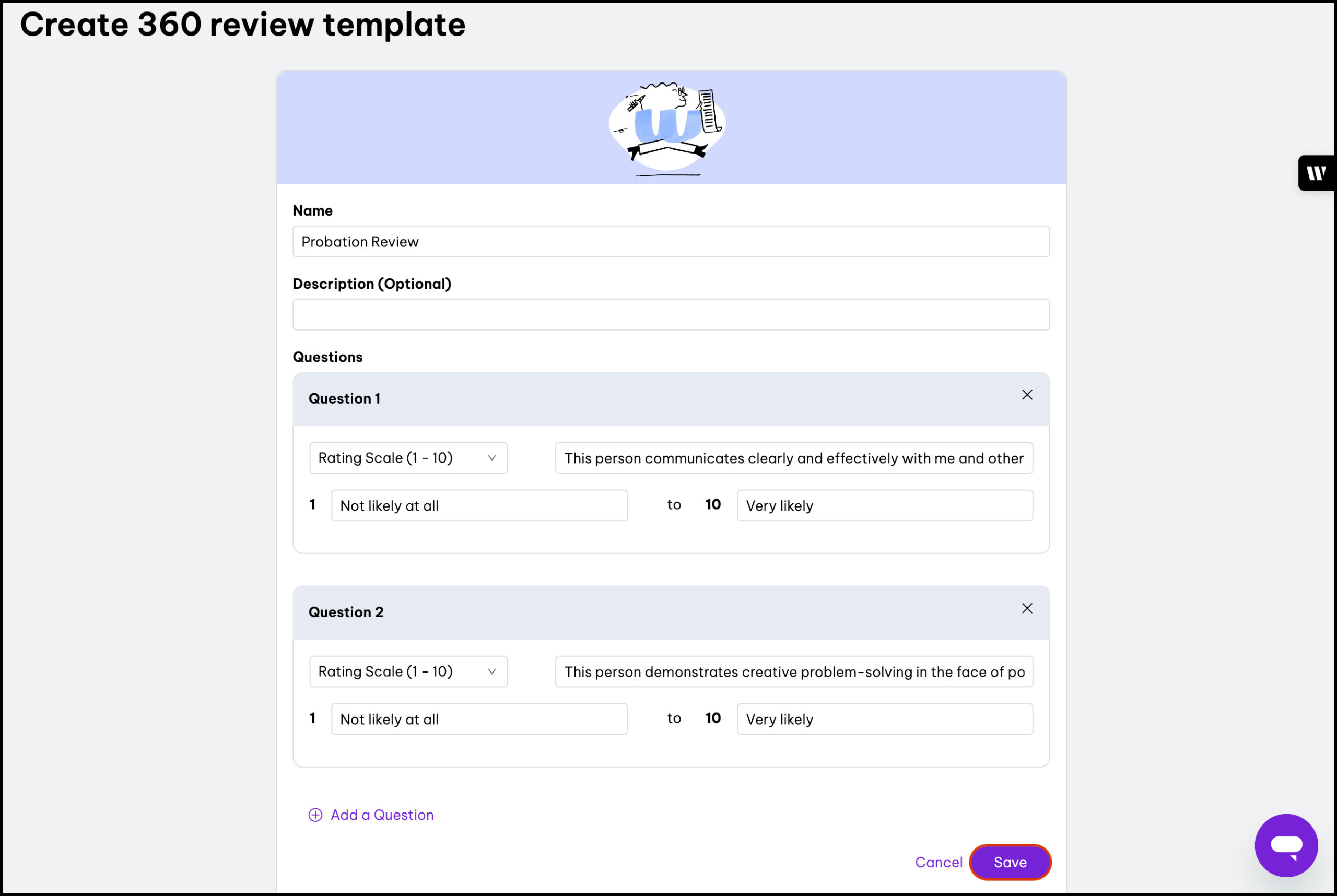 Create 360 review template screen showing fields for template name, optional description, and questions with rating scale from 1 to 10.