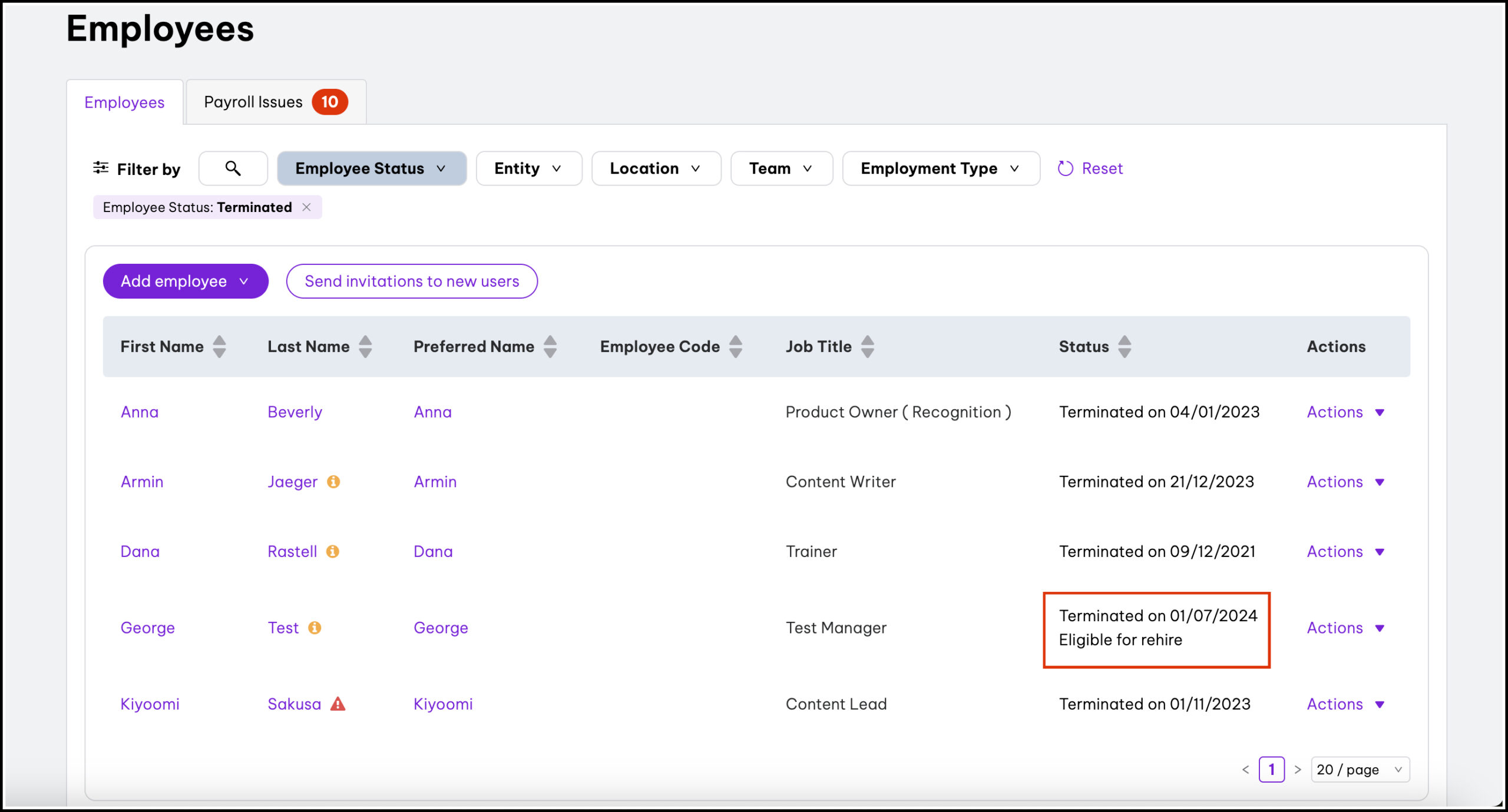 Employees page showing list of terminated employees with details including job title, termination date, and eligibility for rehire status