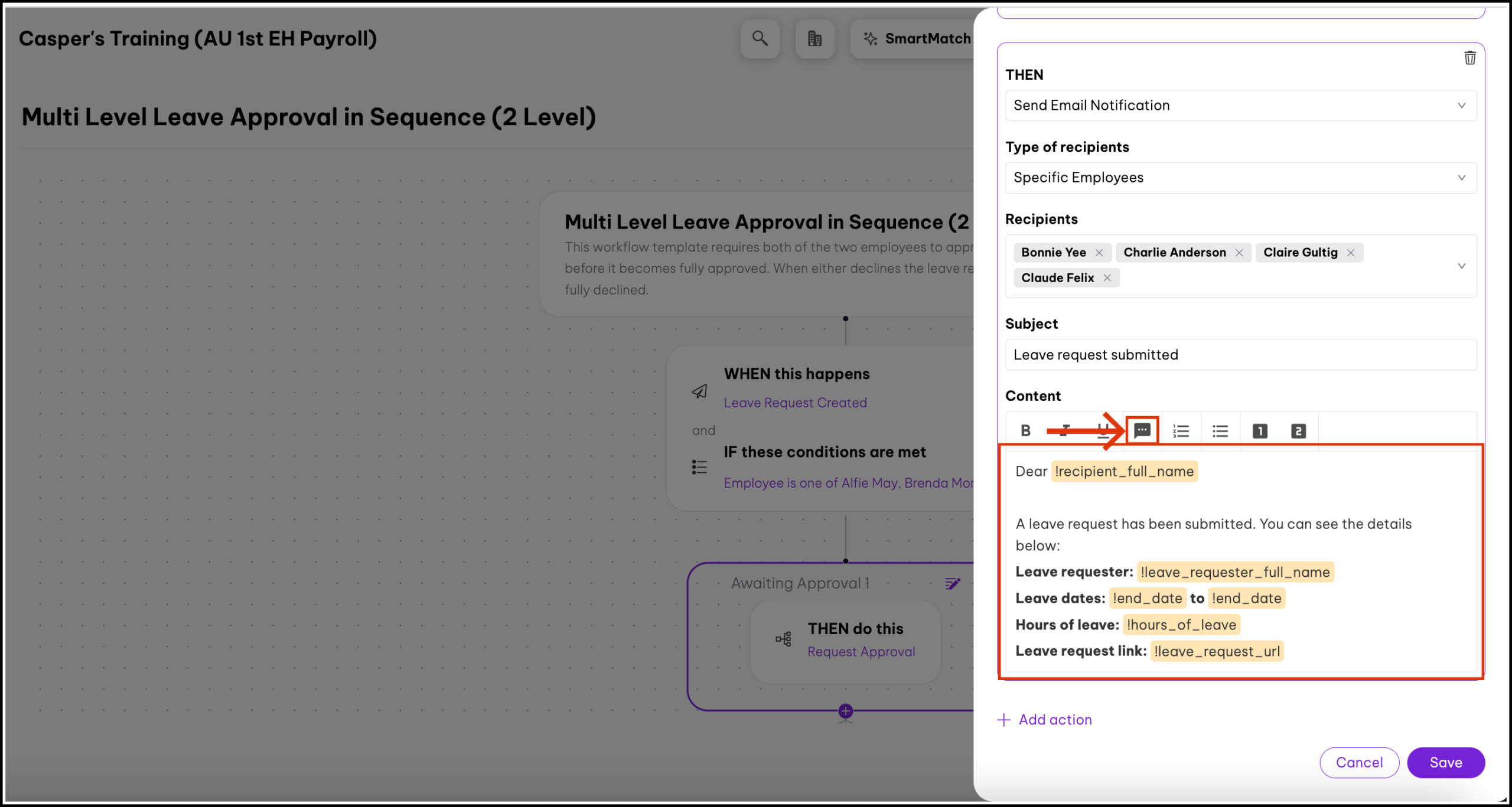 Multi-level leave approval workflow with email notification settings, recipient selection, subject line, and content field showing placeholders for recipient and leave details