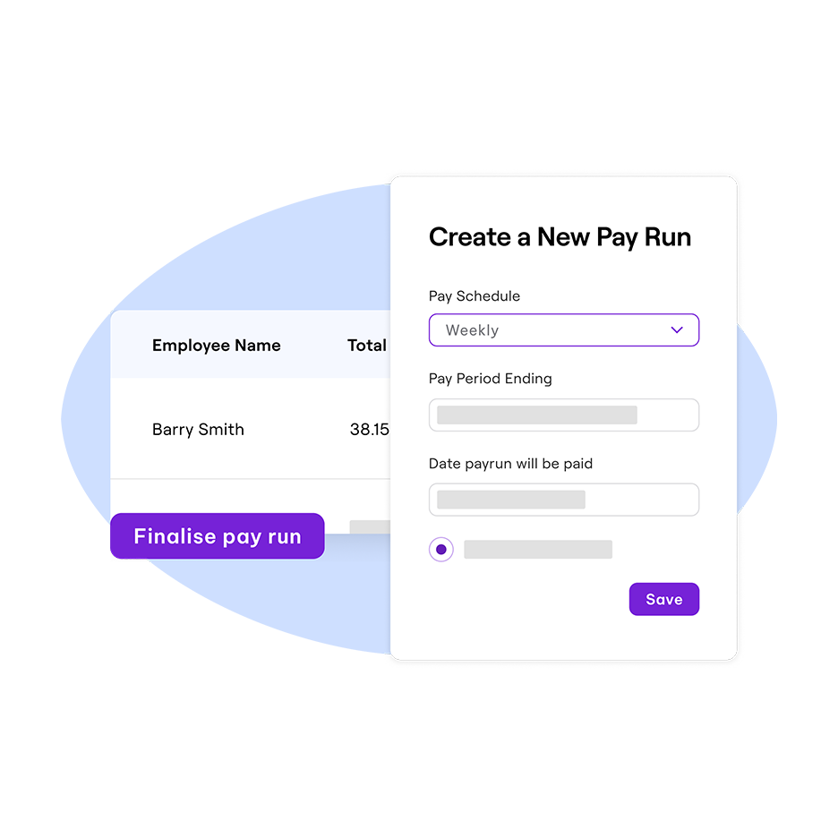 Create a new pay run modal showing pay schedule weekly, ending, and date of payment.