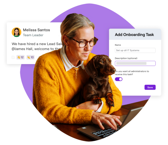 Image of a woman in glasses and a bright yellow sweater, holding a small brown dog and working on a laptop. On-screen elements display a message from a team leader about hiring a new employee and an onboarding task setup window, representing onboarding and team collaboration.