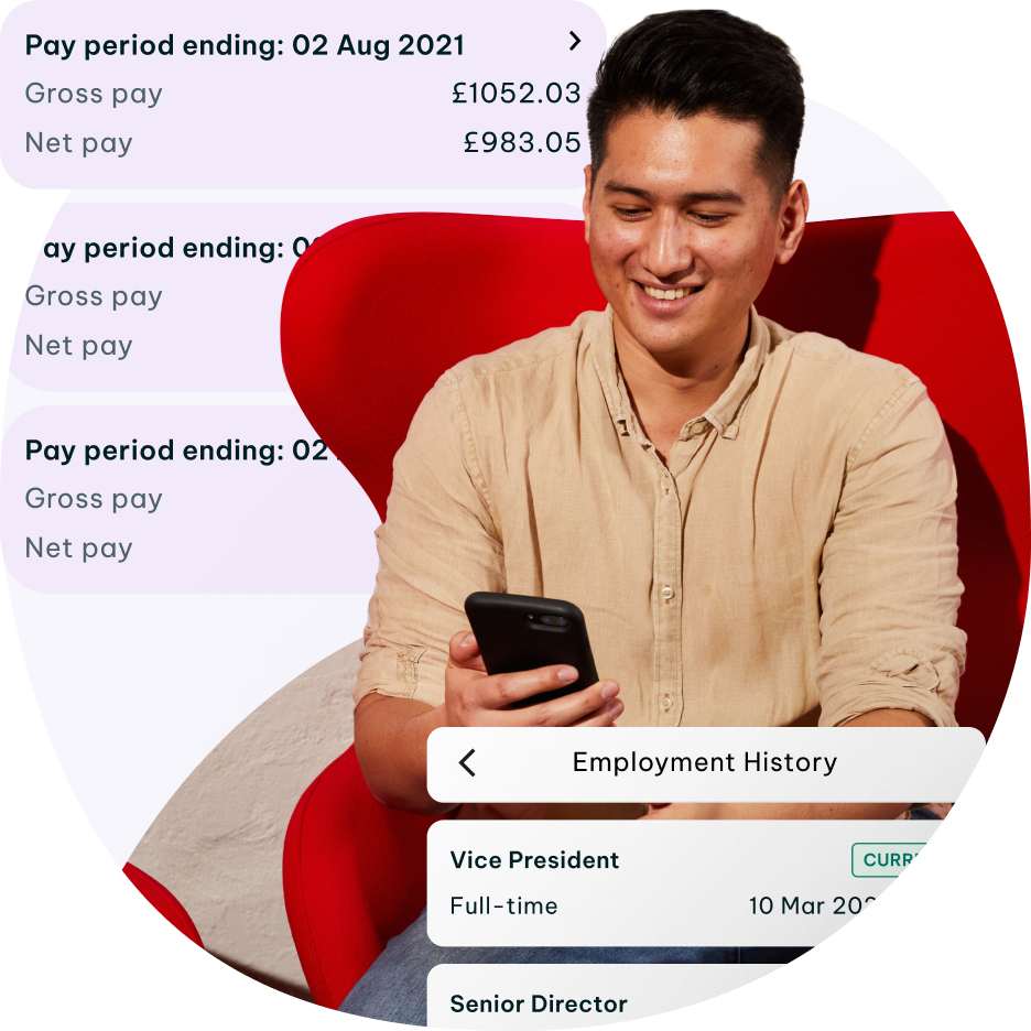 A collage of a man smiling as he gazes at his phone with floating widgets of Employment history and pay period details