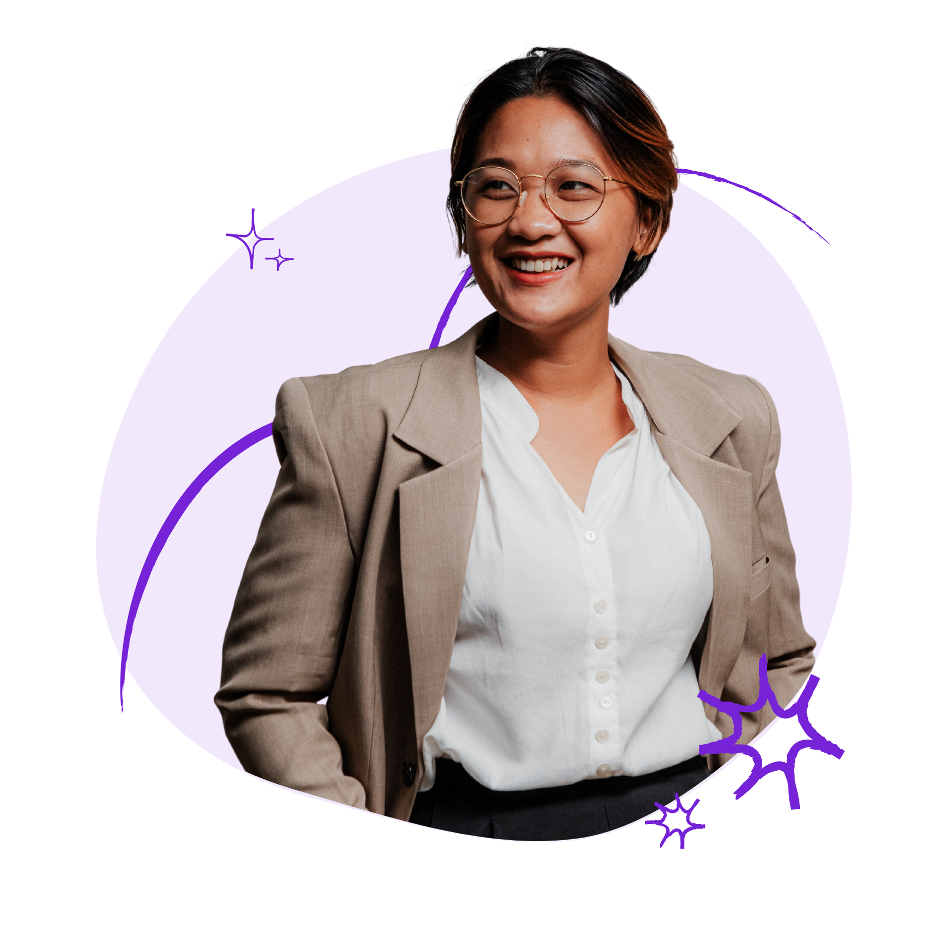 A woman wearing eyeglasses smiling.