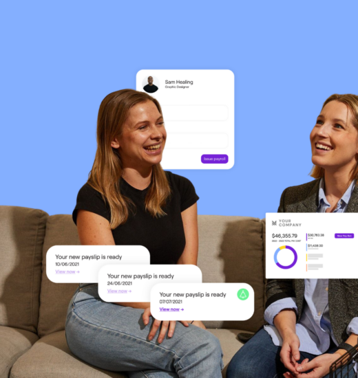 Two smiling women sitting on a brown sofa chair against a blue background with graphic overlays about payroll notification.