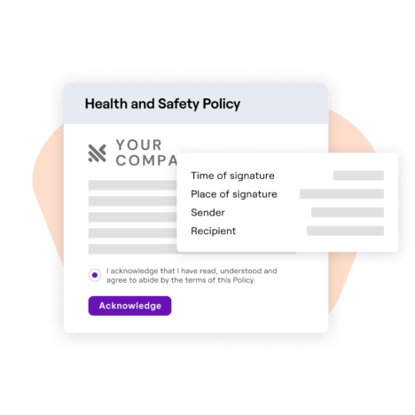Health and safety modal showing time of signature, place of signature, sender, and recipient.
