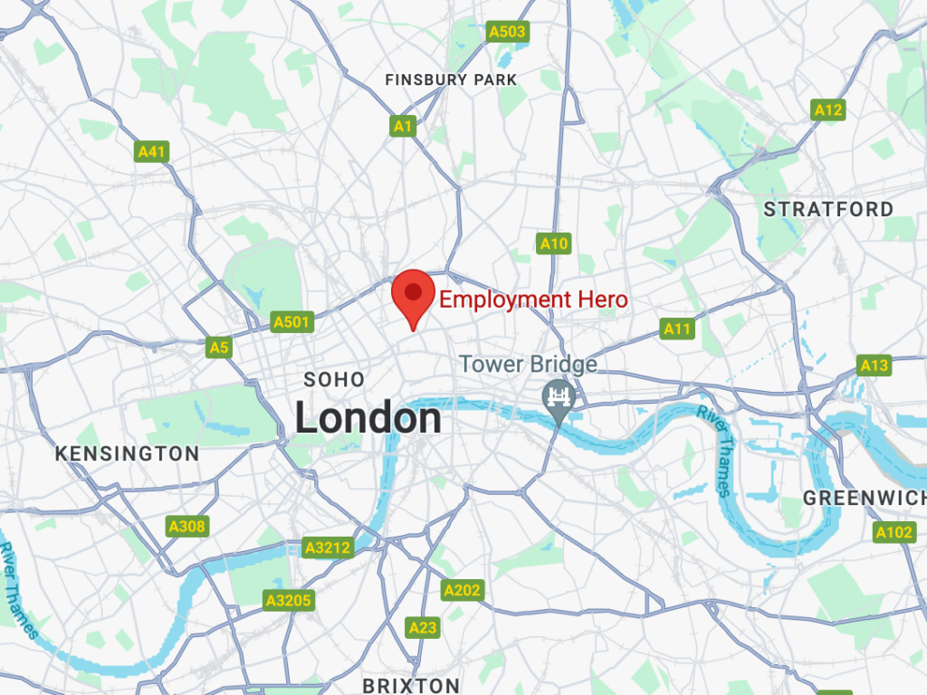 Map view of London, United Kingdom, highlighting a central location