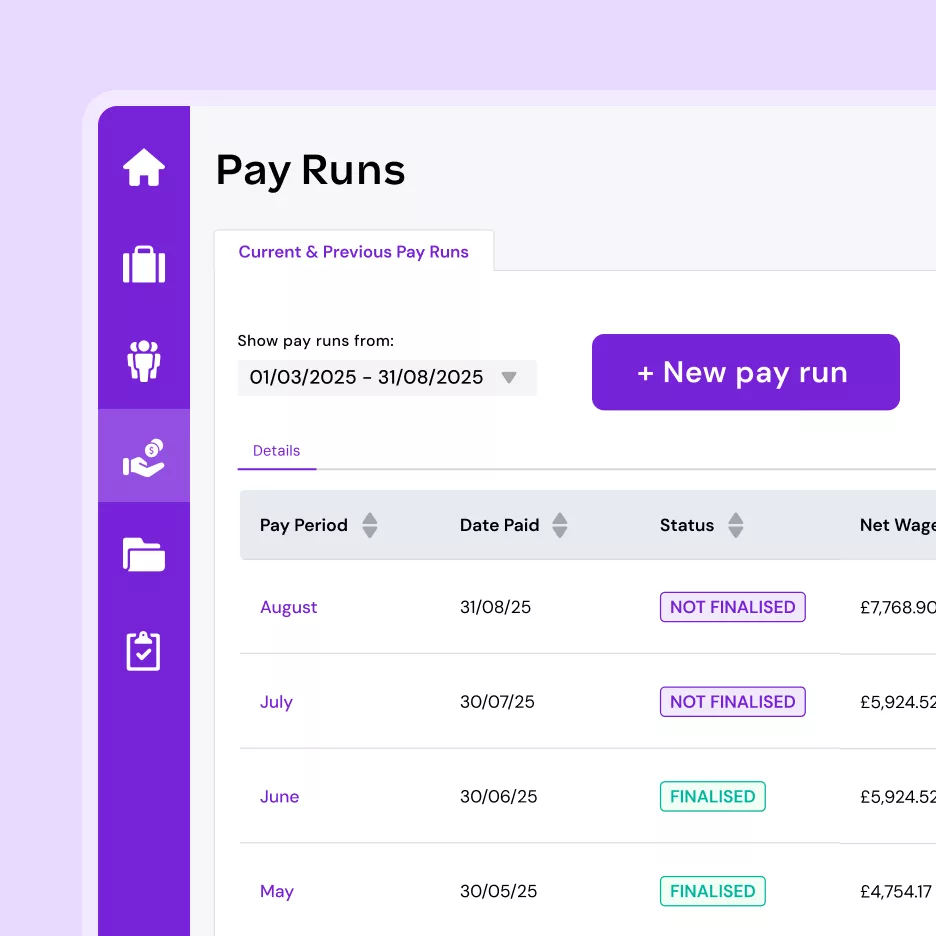 Current & previous pay runs from March 1, 2025 to August 31, 2025