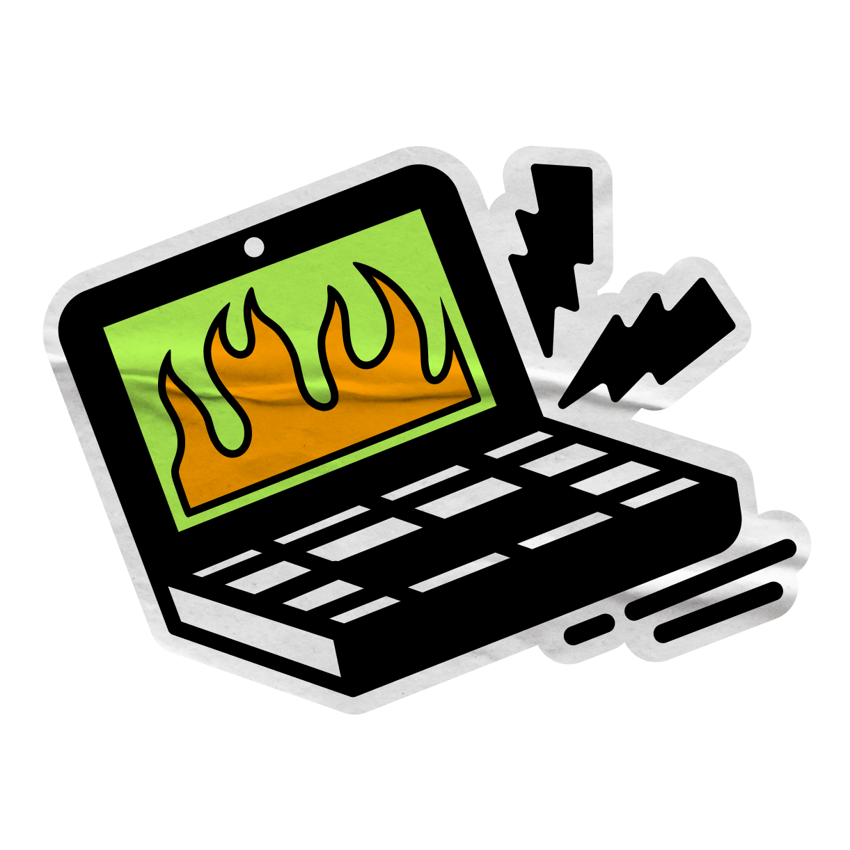 Laptop displaying a fire illustration and electricity icon on the side.