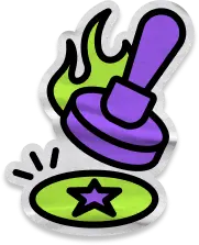 An icon of a purple rubber stamp pressing down on a green oval with a purple star, with green flames behind it.