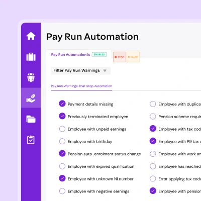 A screenshot of a "Pay Run Automation" settings page with various warning checkboxes for payroll processing.