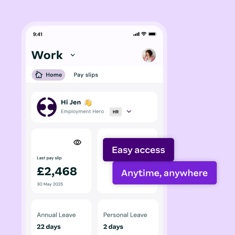 A mobile phone screen displaying an employee's "Work" app, showing their last payslip amount, leave balances, and "Easy access Anytime, anywhere" buttons.