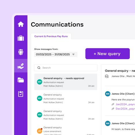 A screenshot of a "Communications" dashboard showing a list of general inquiries and authorization requests.