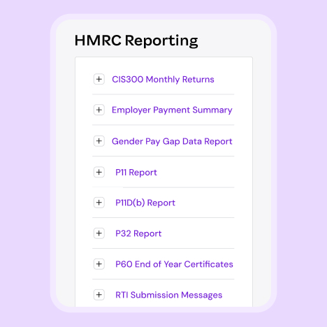 A screenshot of an "HMRC Reporting" menu with a list of various tax and payroll reports.
