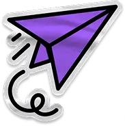 An icon of a purple paper airplane with a swirling white trail.