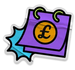 An icon of a purple calendar page with a gold coin showing a pound sterling symbol, and a teal burst behind it.