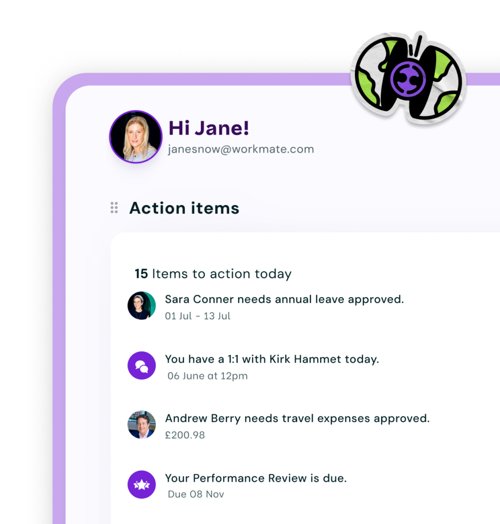 Profile page for "Jane." Shows "Action items" with tasks, including approving leave, a 1:1 meeting, approving expenses, and a performance review reminder.