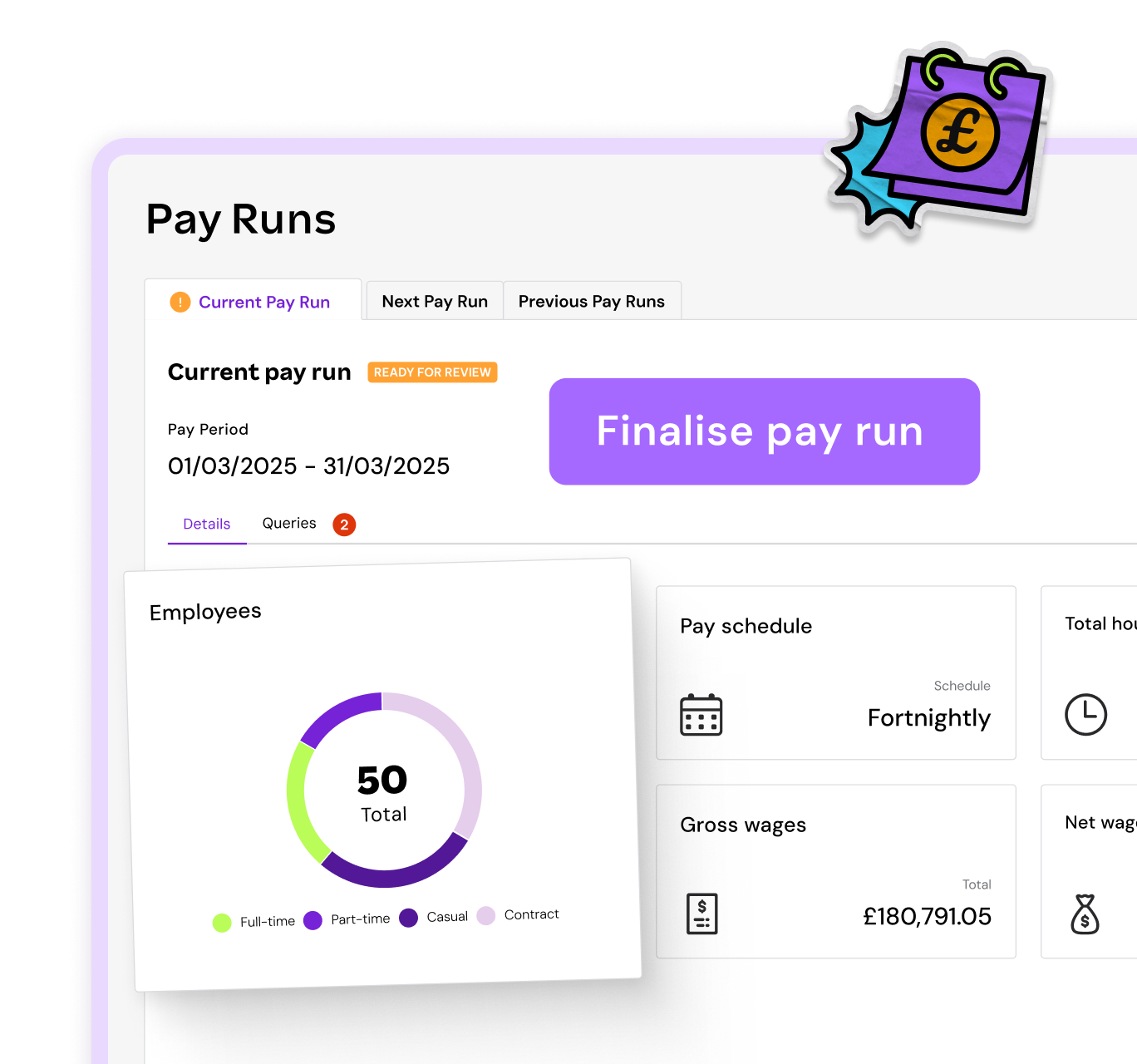 Interface displaying a Pension Contributions Report with fields for date range, pay schedule, and employer information, alongside a detailed table of employee pension contributions.