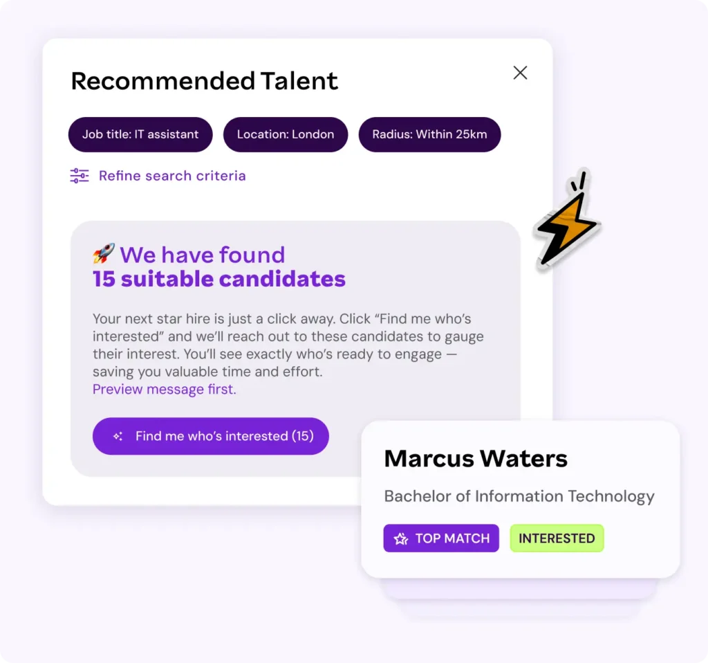 Screenshot of a "Recommended Talent" section for "IT assistant" in "London", showing "15 suitable candidates" found and "Marcus Waters" (Bachelor of Information Technology) as a "TOP MATCH" and "INTERESTED".
