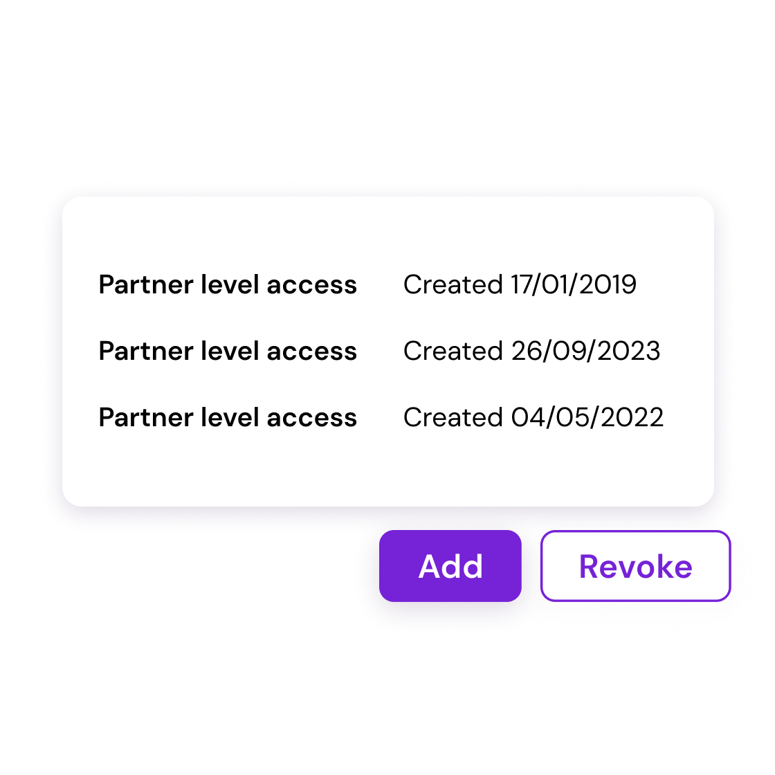 An image showing a table with columns labeled as "Partner level access" and "Created" dates, followed by action buttons. There are two "Revoke" buttons highlighted in blue and one "Add" button highlighted in green on the right side