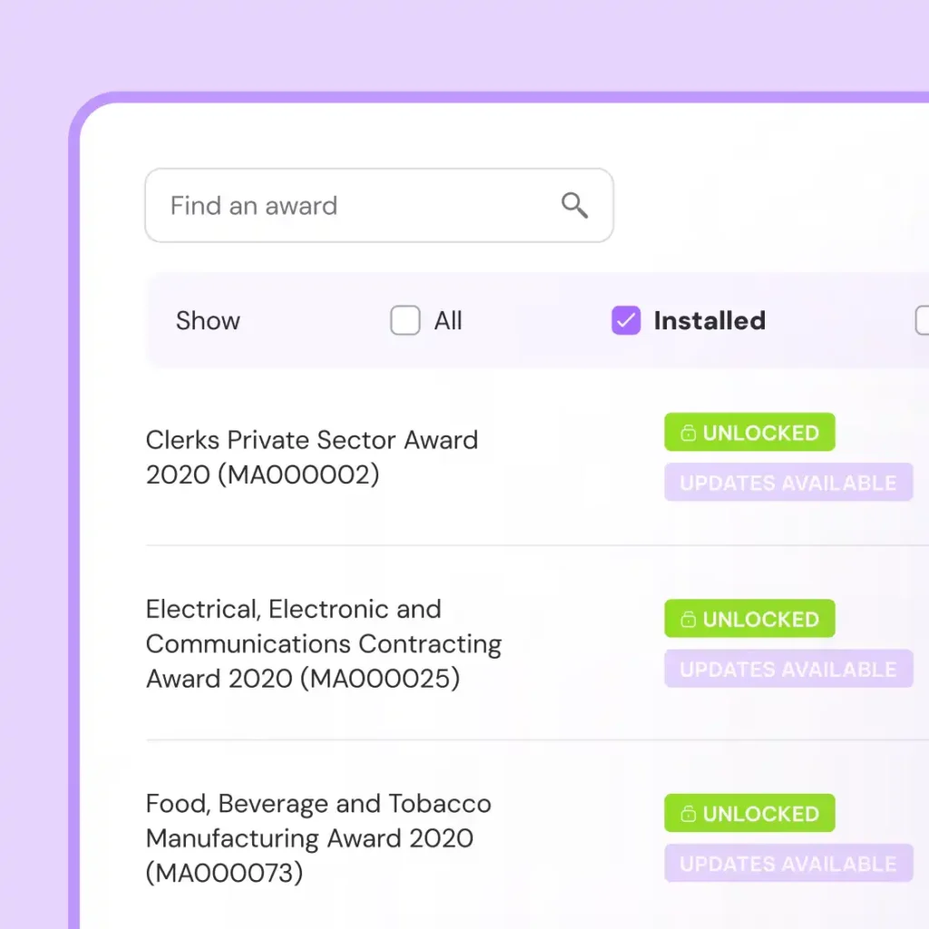 Search interface with awards list. Awards are marked "Unlocked" with "Updates Available." Filter options include "Installed." Purple accents add a modern touch.