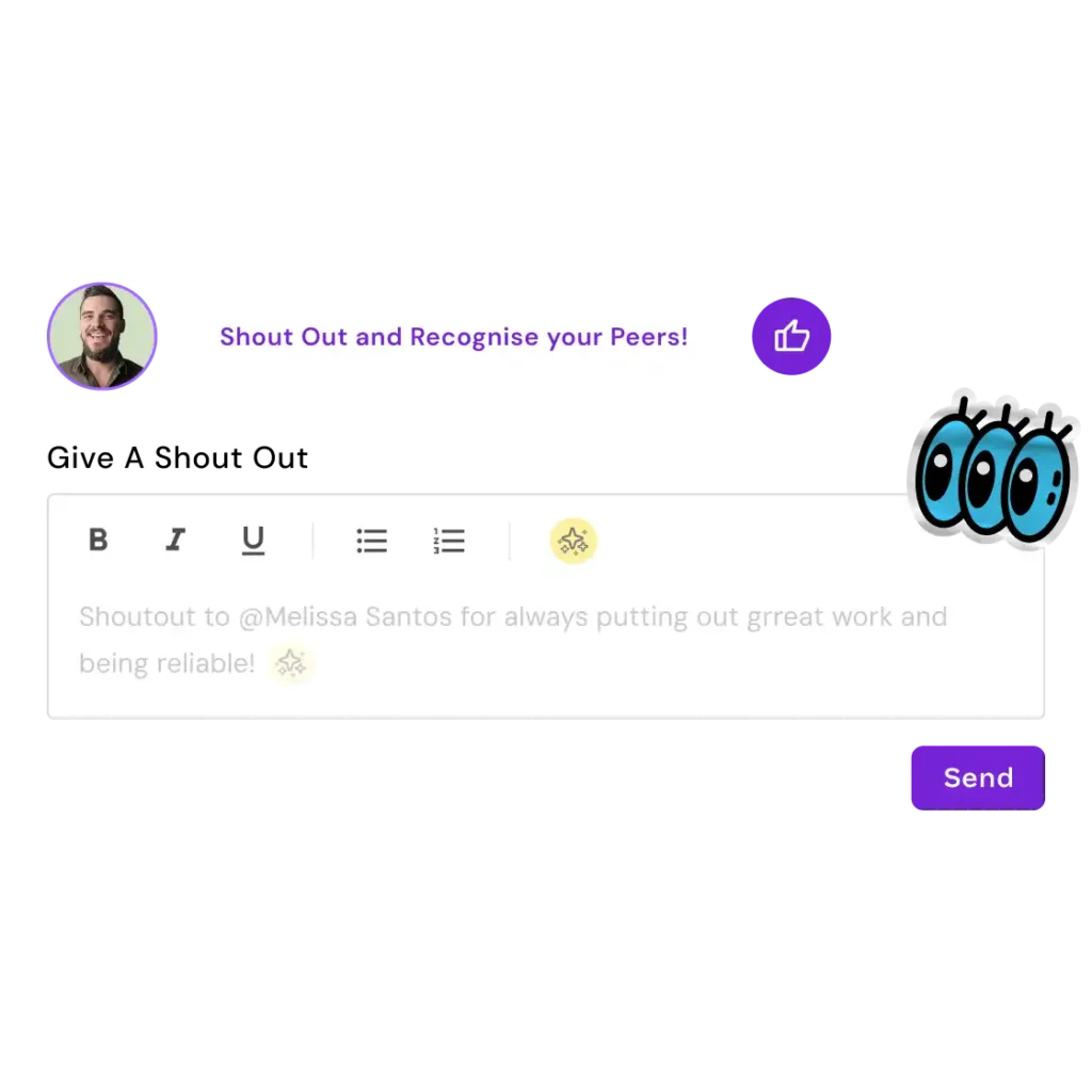 Interface for giving a peer shoutout with a message box and “Send” button.