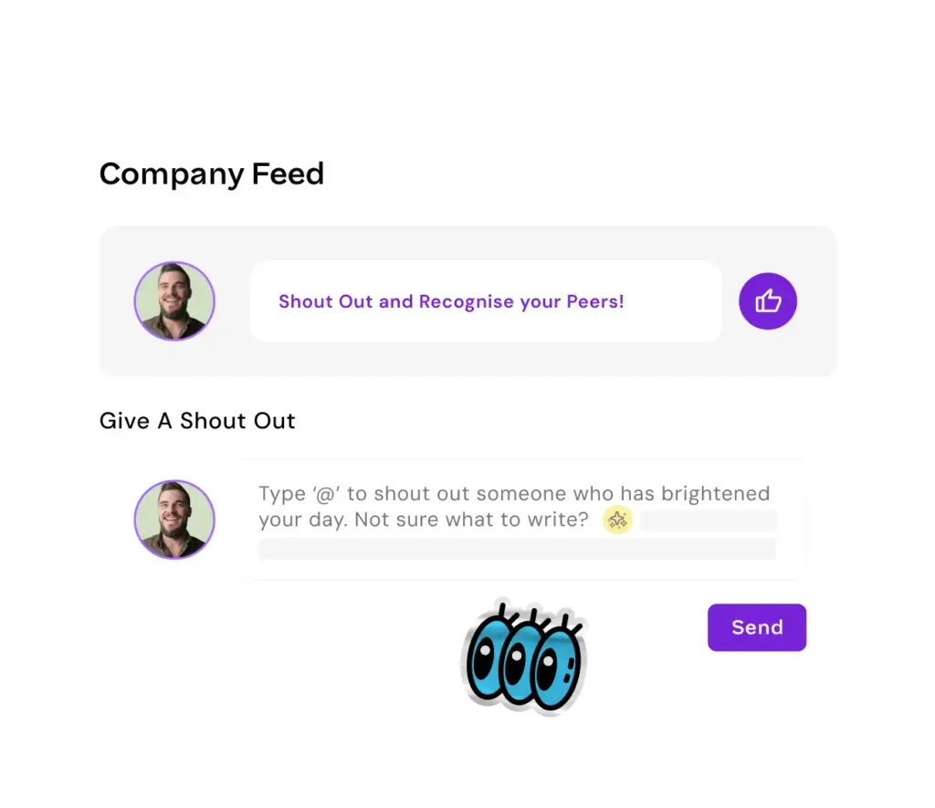 Company feed interface showing a peer recognition shout-out feature.