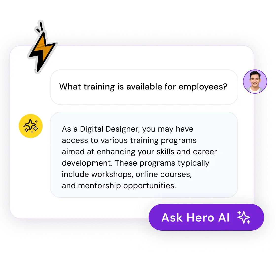 AI chat response about available employee training programs with a prompt to "Ask Hero AI".