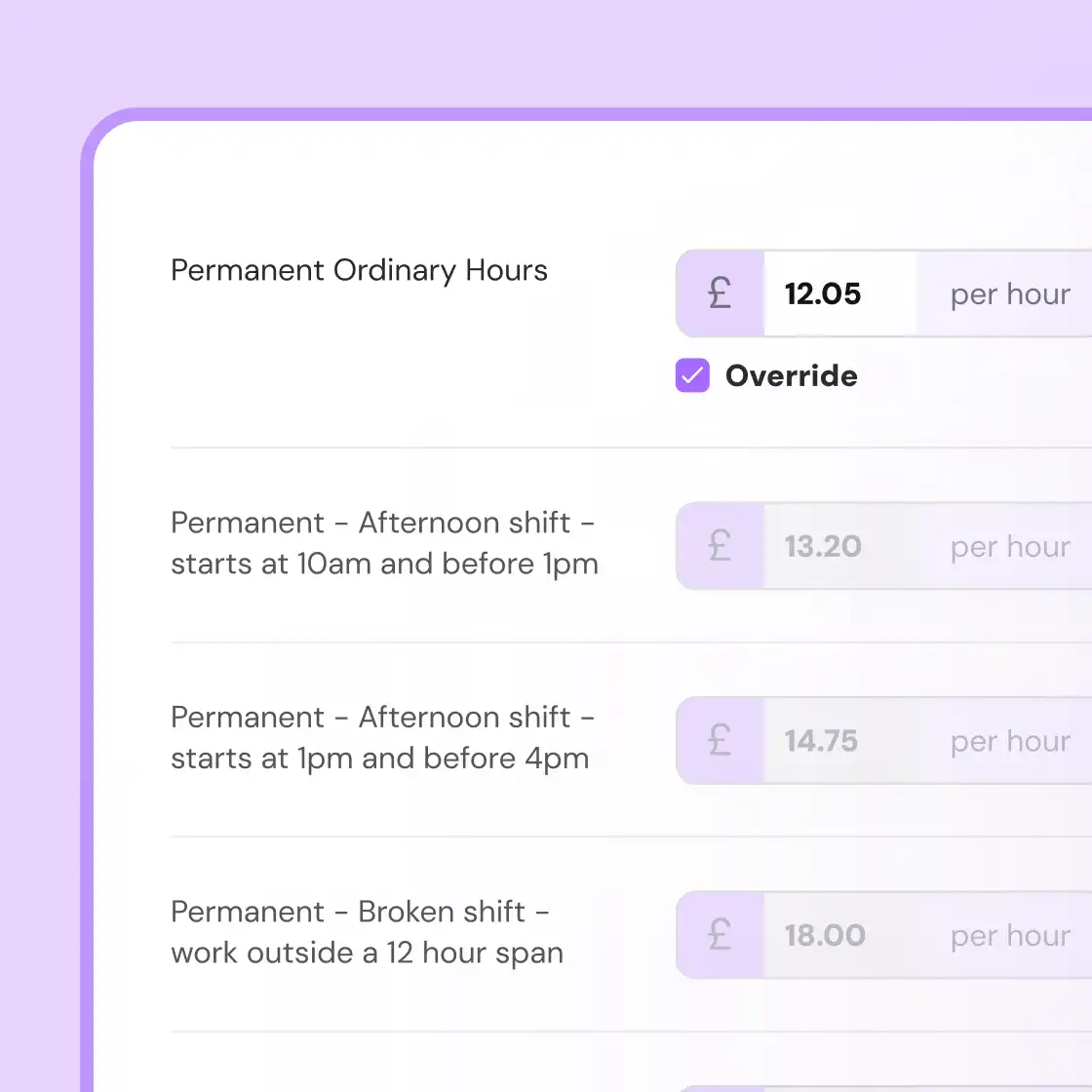 Pay rate settings interface showing override hourly rates for various permanent shift types.