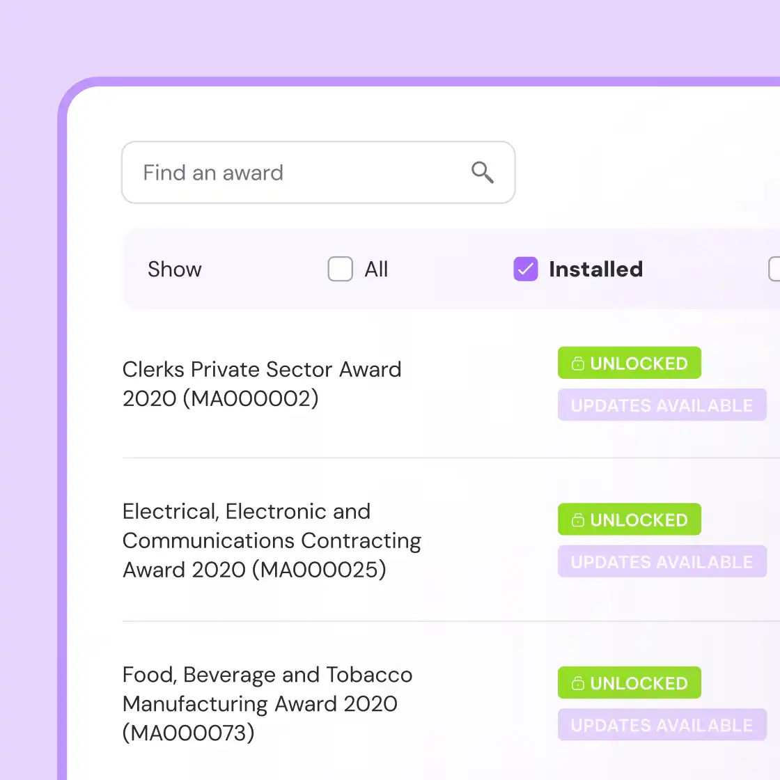 Award management interface showing a list of installed awards with status indicators for unlock and updates.