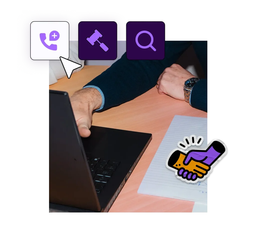 A person's hands on a laptop and paper. Overlaid icons show a phone with plus, a gavel, and a magnifying glass. A handshake icon is also visible.